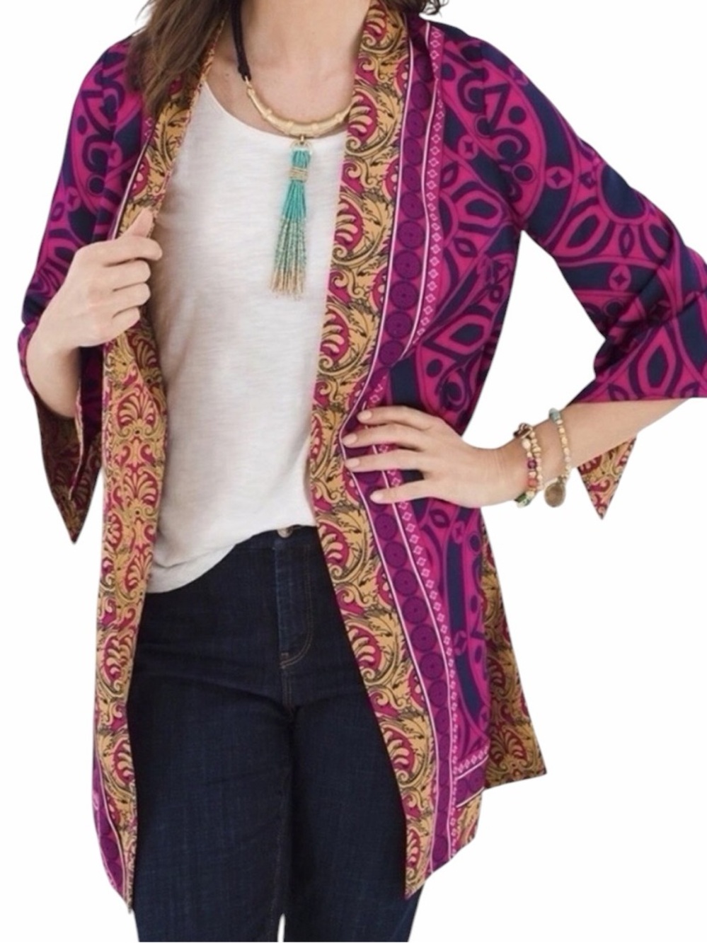 Chico's Pink and Gold Paisley Reversible Print Open Front Kimono Jacket 2